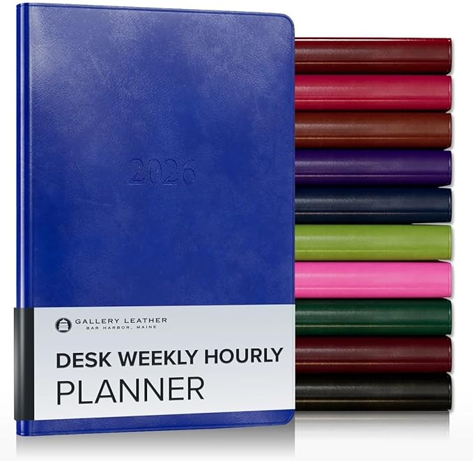 Gallery Leather Desk Hourly Weekly Monthly Planner 2025-2026, Elegantly Bound Calendar Planner and Notebook with Stylish Gold-Gilded Page Edges, 12 Months - Acadia Malibu - 8 x 5.5 "