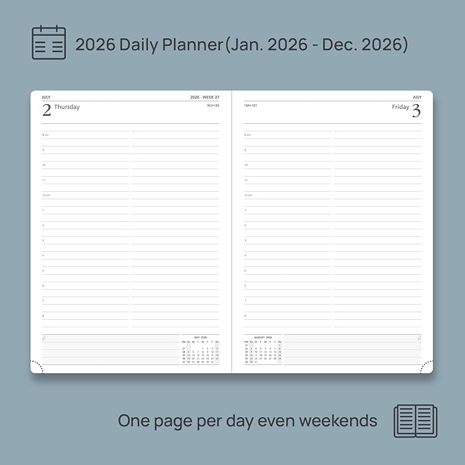 POPRUN 2026 Daily Planner One Page Per Day Even Weekends A4 Large Size (8.5" x 12") - 12 Months Calendar Hourly Appointment Book with Inner Pocket, Pen Holder, Hardcover - Navy Blue