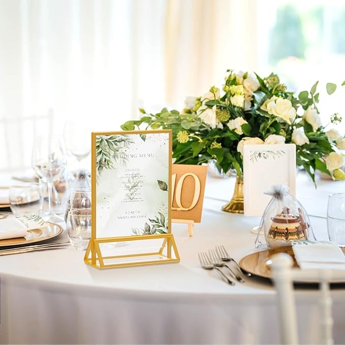 Acrylic Sign Holder 5x7 Gold Picture Frame Clear Acrylic Frames Display Stand Double Sided Table Menu Holders for Wedding Table Numbers Restaurant Photos (8 pcs)
