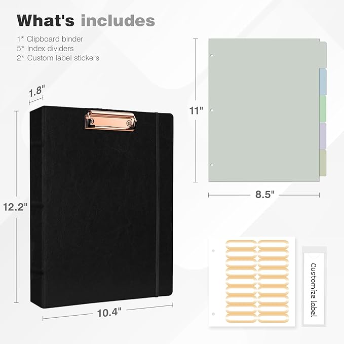 Ospelelf 3 Ring Clipboard Binder 1 Inch Leather for Letter Size (8.5" x 11"), Clipboard Binder with 5 Tab Dividers, Black