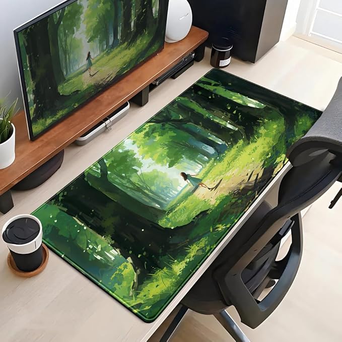 Jungle Anime Green Girl Character Desk Mat Aesthetics Oil Painting Ai Art Gaming Big Mouse Pad for Desk Office Decor for Women Large Desktop Mat Laptop Keyboard Mousepad Pad for Desk 31.5x15.8in