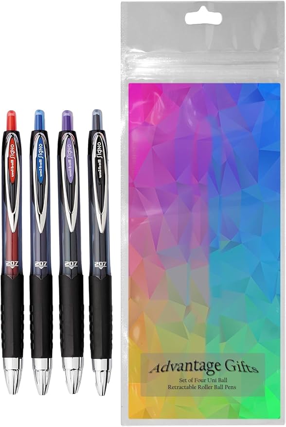 Signo 207 Roller Ball Retractable Gel Pens, Medium Point (0.7mm), Black Blue Red And Purple Ink, 4 Count, Bundle with Plastic Reusable Pouch