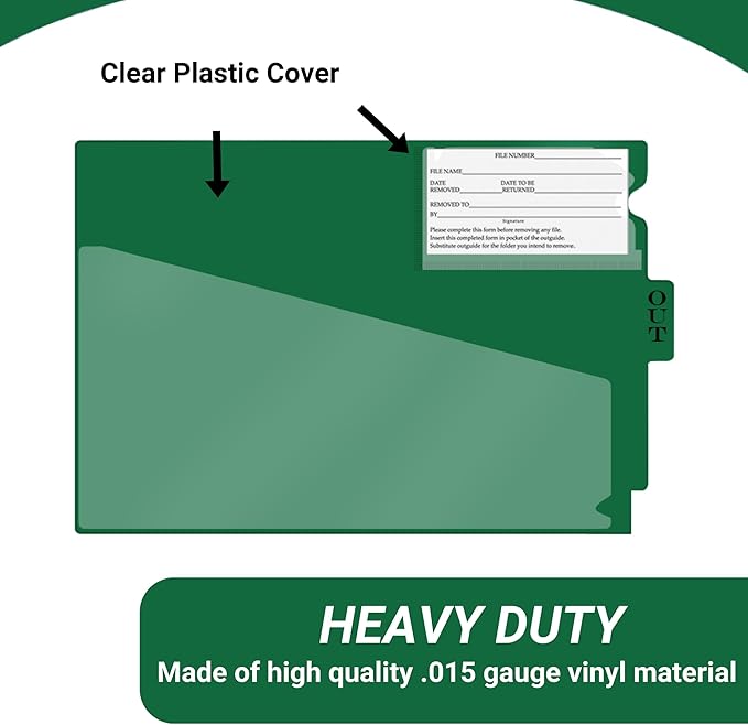 Doctor Stuff - Center Tab Vinyl Out Guides, Diagonal Cut Front Pocket, Top Charge Out Slip Pocket, Plastic File Folder, Letter Size 9" x 13-1/4", Green, 100/Box