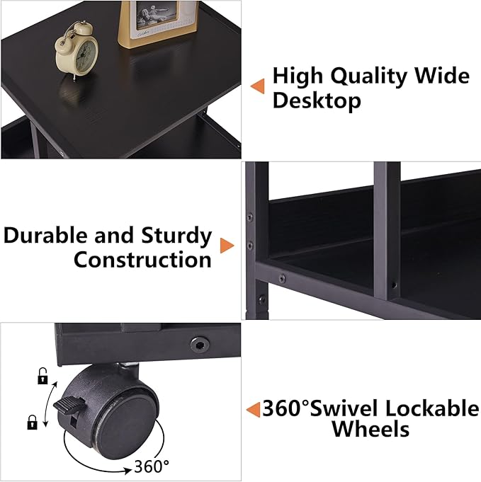 IBUYKE Black Printer Stand with Storage Shelf,3 Tier Printer Table with Wheels,Printer Cart for Home Office Organization, Rolling Cart Stand for Heat Press Microwave and Mini Fridge TPS001B