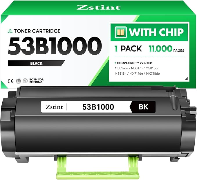 53B1000 Black Toner Cartridge with chip 1-Pack High Yield Replacement for Lexmark 53B1000 53B1H00 Toner Compatible with Lexmark MS817dn MS817n MS818dn MS818n MX717de MX718de Laser Printer Ink Copier