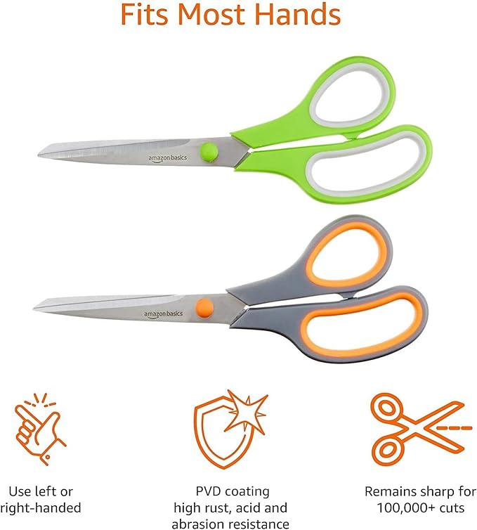 Amazon Basics Stainless Steel Scissors for Office, Crafts, Multipurpose, Sharp, Comfort Grip, PVD Coated, 2 Pack, Green and Grey