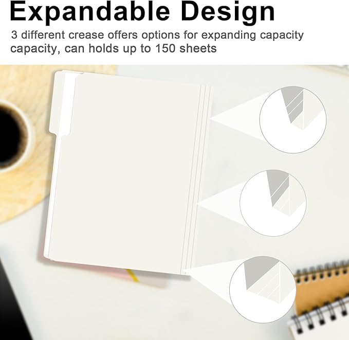 File Folder, RAZCC 150 Pack 1/3 Cut Tab File Folders Letter Size, Folders for Dcouments, Folders with Tab Great for Organizing and Easy File Storage, White