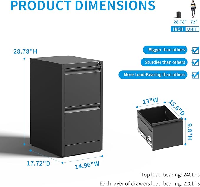 2 Drawer File Cabinet, Metal Vertical Filing Cabinet for Home Office, Locking Steel Easy Assemble 18" D File Cabinets for Legal/Letter/A4/F4 (Black)