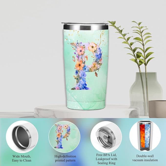 Personalized Gifts Monogrammed Birthday Gifts for Women, Mommy, Female Going Away Christmas, Initial 20 oz Tumbler, Makeup Cosmetic Bag Cup Pens Journal Notebook 6 Set, (Aesthetic Green Flower P)
