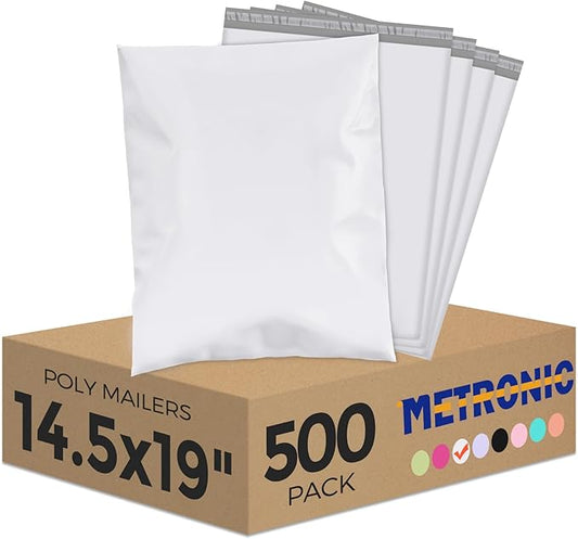 Metronic Poly Mailers 14.5x19 500 Pcs Large Shipping Bags for Clothing Mailing Bags with Strong Self-sealing Adhesive Waterproof and Tear-Proof Shipping Bags in White