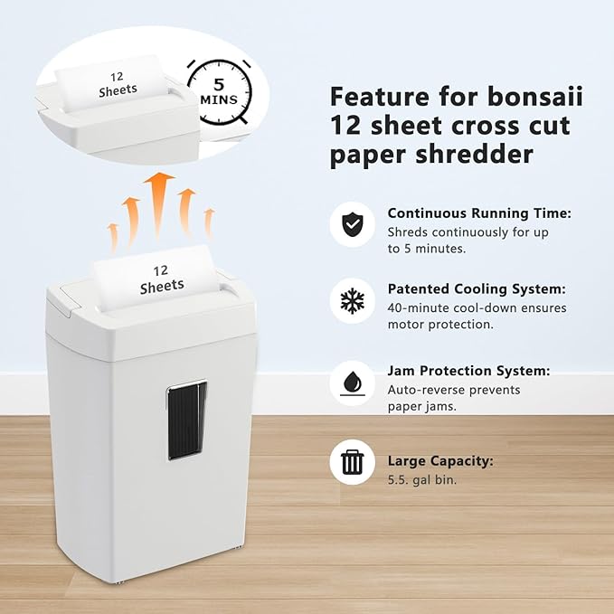 Bonsaii 12-Sheet Crosscut Paper Shredder for Home Office, P-4 Security, 5-Minute Continuous Run Time, Overheat Protection, 5.5-Gallon Bin with Clear Window & Handle, Compact White Design