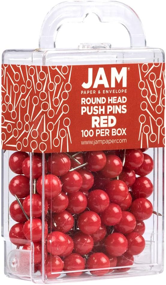JAM PAPER Colorful Push Pins - Round Head Map Thumb Tacks - Red Pushpins - 100/Pack