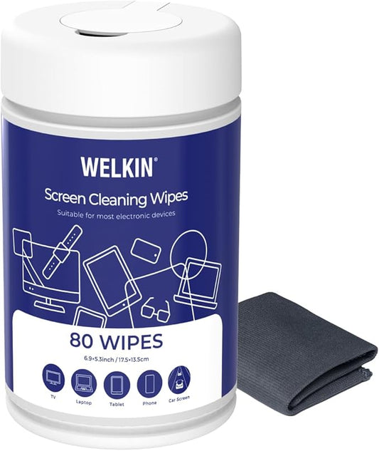 WELKIN 80 Electronics Cleaning Wipes - Non Toxic Screen Cleaner, Streak Free Touchscreen Cleaning for All Phones, Laptop, Computer, TV and Car，1 X Microfiber Cloth Included