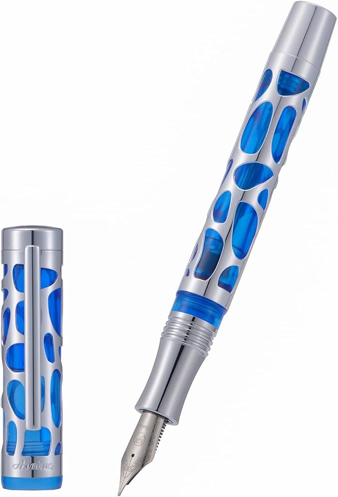 Asvine V169 Vacuum Filling Fountain Pen Medium Nib, Water Drop Skeleton Transparent Blue Acrylic Pen Case Set