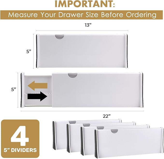 RAPTUROUS Adjustable Deep Drawer Divider – 5" Tall, Expandable 13-22", 4-Pack, Non-Slip Drawer Dividers for Clothes, Dresser, Kitchen & Office Organization (White)