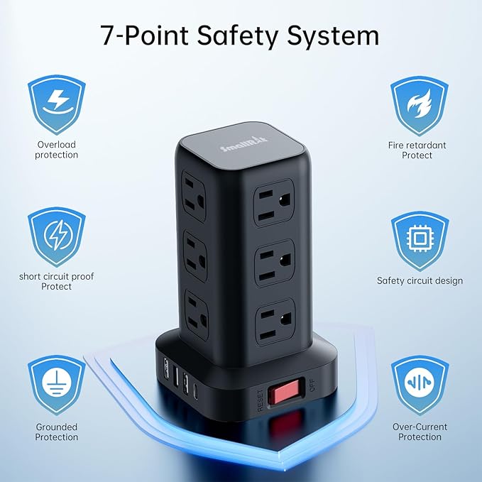 PD 20W USB C Surge Protector, Mini Power Strip Tower Travel 12 AC 4 USB Power Strip with USB Ports 10FT Overload Protection for Home Office
