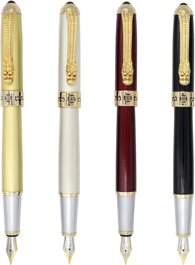 Gullor Fountain Pen with Ink Converter, Golden Dragon Clip, Executive Pen for Smooth Writing, Fine Nib, Gold