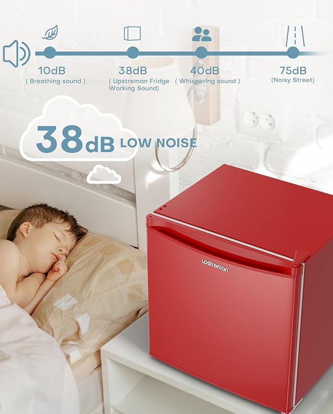 Upstreman 1.7 Cu.ft Mini Fridge with Freezer, Dorm Essentials, Adjustable Thermostat, Energy Saving, Low Noise, Single Door Compact Refrigerator for Dorm, Office, Bedroom, Red-FR17
