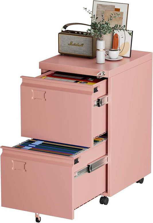 Aobabo 2 Drawer File Cabinet, Lockable Metal Filing Cabinet with Wheels for Home Office, Legal/Letter Size, Required Assembled,Pink