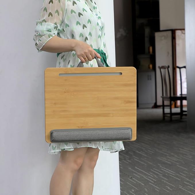 Adjustable Lap Desk for Laptop with Cushion, Bamboo Laptop Stand with Anti-Slip Strip Tablet Phone Holder, Fits up to 15.6 inch or 14 inch with Mouse Space