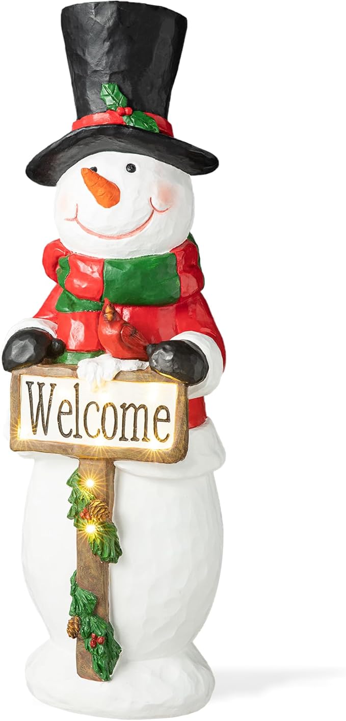 Glitzhome 29.25"H Christmas Resin Snowman Porch Decor with 8 Warm Lights and Timer, Xmas Winter Wall Yard Standing for Patio Front Porch Indoor Outdoor Home Welcome Sign Decor