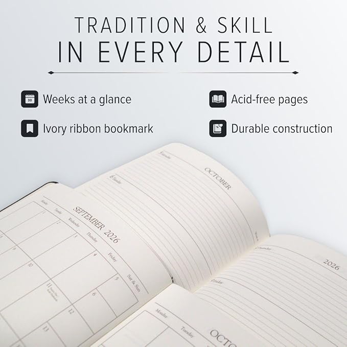 Gallery Leather Large Weekly Monthly Planner 2025-2026, Elegantly Bound Calendar Planner and Notebook with Stylish Gold-Gilded Page Edges, 12 Months - Acadia Malibu - 9.75 x 7.5 "