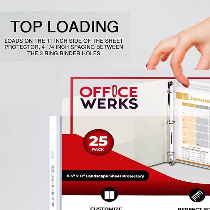 Performore 25 Sheet Protectors, Landscape Clear Sheet Protectors 8.5 X 11 Inch for 3 Ring Binder, Plastic Sheet Sleeves, Top Loading with 3 Hole-Punched Archival Safe, Non-Stick and Long-Lasting