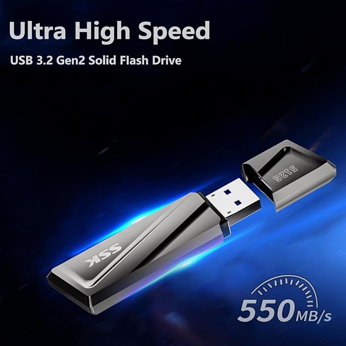 SSK 512GB USB Flash Drive 550MB/s USB 3.2 Gen2 USB Thumb Drive Fast Transfer Speed Externel Solid State Drive +USB C Adapter USB C Memory Stick for Type C Smartphone,MacBook/Pro/Air Laptop and More