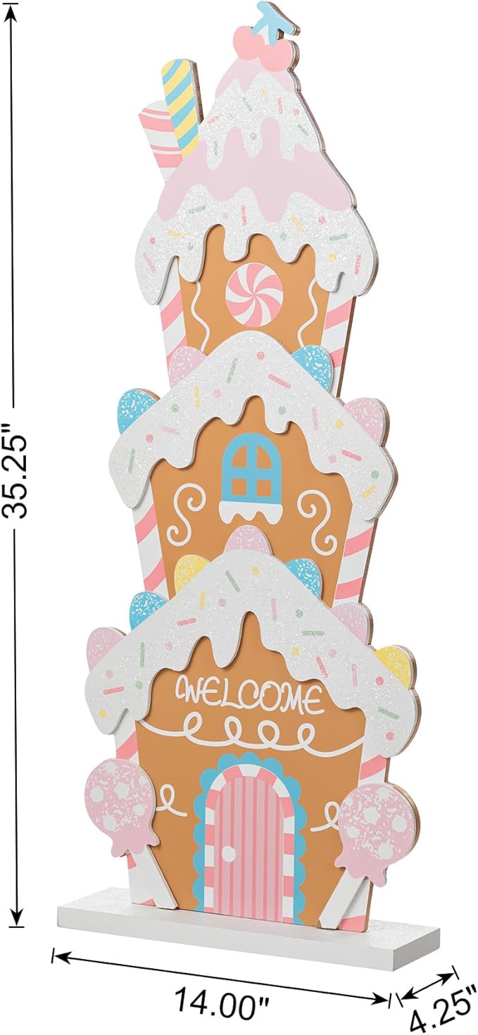 Glitzhome 35" H Wooden Christmas Gingerbread House Porch Decor With Welcome Message, Farmhouse Rustic Freestanding Xmas Gingerbread Sign with Base, Indoor & Outdoor Front Door Yard Holiday Decor