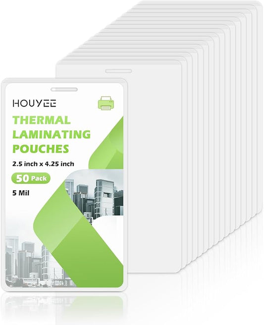 HOUYEE 50 Pack 5Mil Thermal Laminating Pouches, 2.5x4.25 Inches ID Badge Size Laminate Pouches with Hole, Ultra Clear Laminating Sheets HeatSeal Laminator Pouches for ID Cards, Name Tags, Office Use