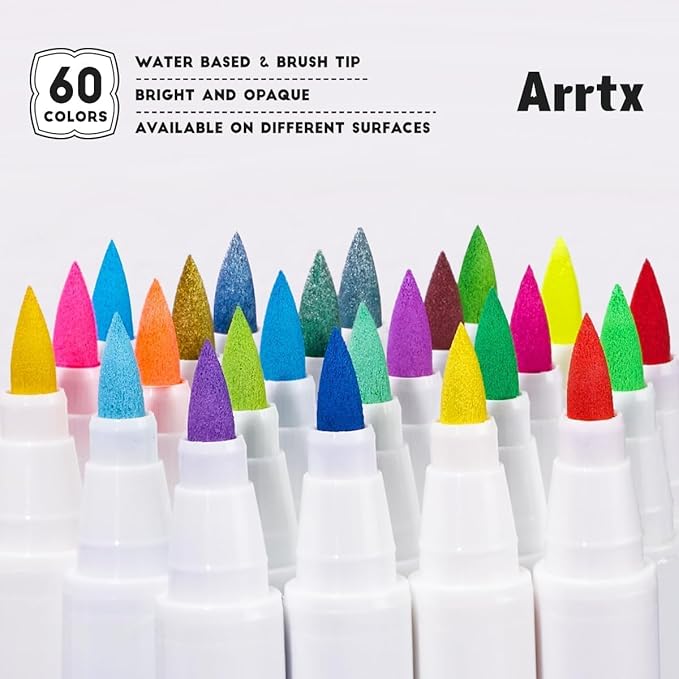 Arrtx Markers Paint Pens 60 Colors, Acrylic Paint Pens Brush Tip for Wood, Canvas, Stone, Rock Painting, Ceramic Surfaces, DIY Crafts Making Art Supplies-with Neon & Metallic & Regular Color