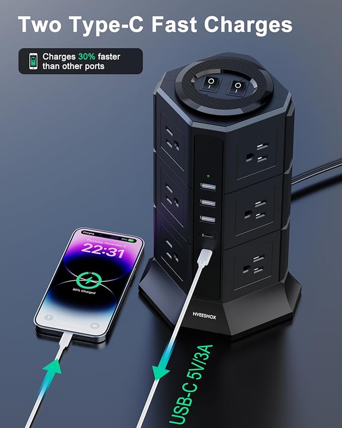 Surge Protector Power Strip Tower, 10FT Ultra Flat Extension Cord with 12 AC Outlets 5 USB Ports(2 Type C), Desktop Charging Station, Flat Plug Outlet Extender for Home Office Dorm