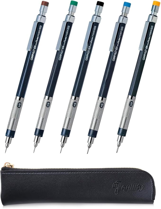 Graphlet Mechanical Drafting Pencil + Ain HB/B/2B leads, original Black slim pen case (5 sizes)
