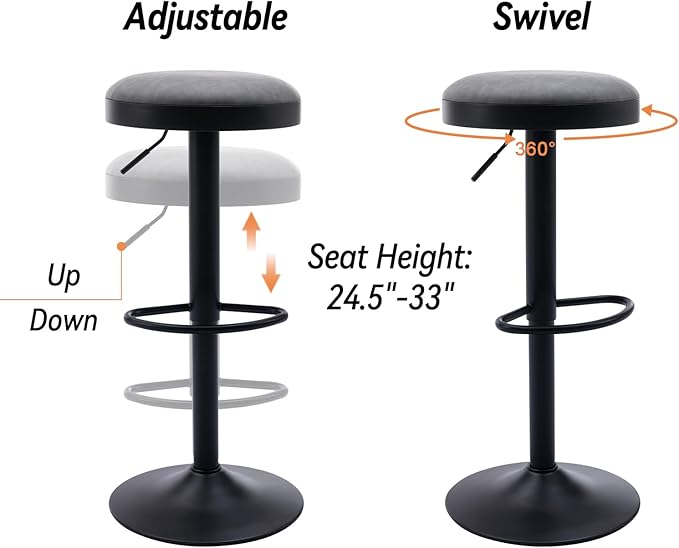 Round Swivel Counter Height Bar Stools Set of 2 Modern Adjustable Barstools Backless PU Leather Bar Chairs Industrial Island Chairs with Metal Base/Footrest for Kitchen Island/Pub/Cafe, Grey