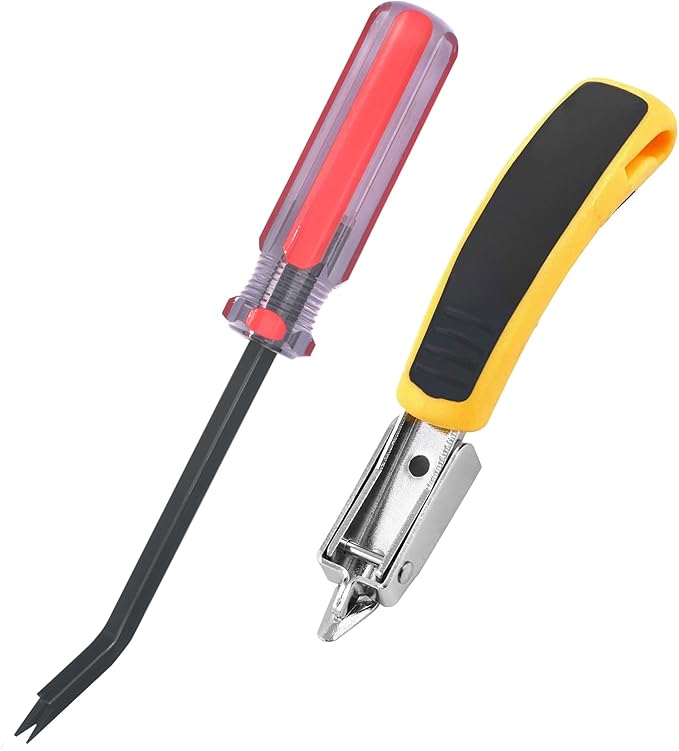 Staple Remover Heavy Duty Tack Puller with Double Pronged Head, Industrial Staple Remover Upholstery Tool for Furniture, Floor, Carpet, Carton (Red Handle)