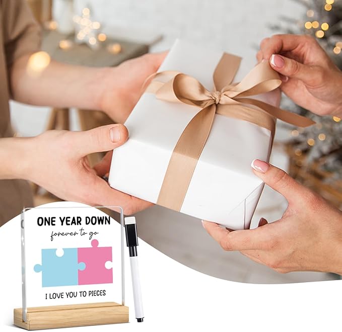 1 Year Anniversary Unique Gifts for Boyfriend Girlfriend,1 Year Anniversary Plaque Gifts for Couple Wipeable Acrylic Sign for Women Man Boyfriend and Girlfriend with Wood Stand 4 X 4 Inch
