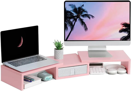 TEAMIX Pink Dual Monitor Stand Riser with Drawer - Length and Angle Adjustable Double Corner Desk Shelf Organizer 37 inch for 2 Laptop/PC/Screen/TV