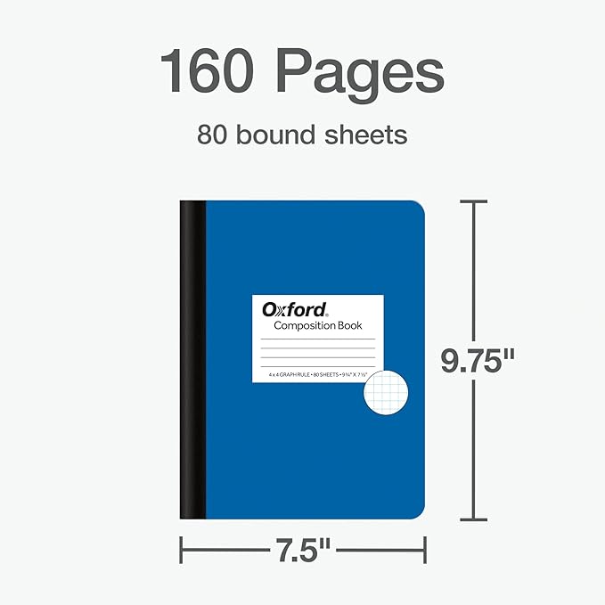 Oxford Composition Notebook 12 Pack, School Supplies, Notebooks for School, 4 x 4 Graph Ruled Paper, 7.5 x 9.75 Inches, 80 Sheets, Assorted Color Covers: Green, Purple, Red, Blue (63718)