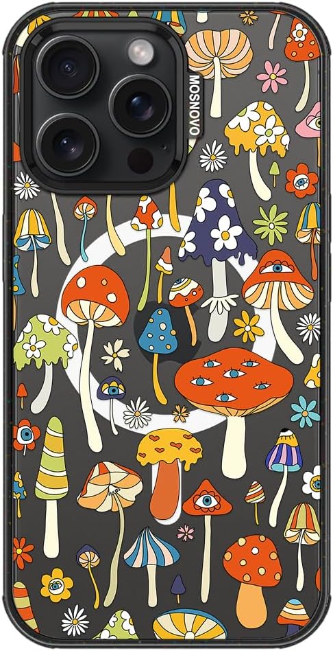 MOSNOVO Magnetic Case for iPhone 15 Pro Max, 10ft Military-Grade Protection, Compatible with Magsafe, Shockproof Phone Case for iPhone 15 Pro Max - Mushroom Art - Clear Black