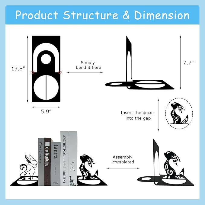 Fox Bookends, Black Foxes Metal Book Ends, Anime Bookends, Cute Book Ends for Shelves, Animal Book Stopper, Book Organizer for Desk, Home Office Book Holder