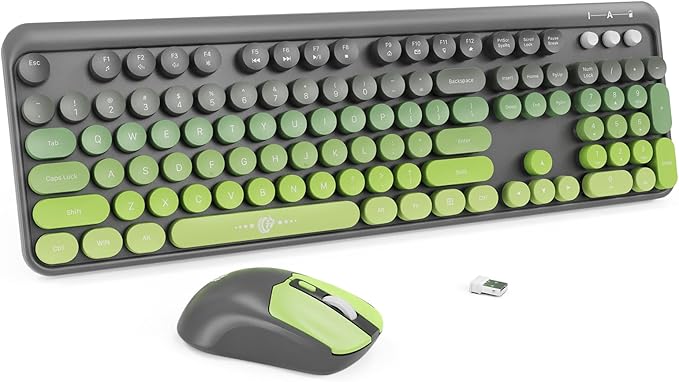 FOPETT Wireless Keyboard and Mouse Combo - 2.4G Full-Sized Cute Colorful Mouse and Keyboard with 104 Round Keys Retro Typewriter Keyboard for Laptop/Windows/PC - Green Gradient