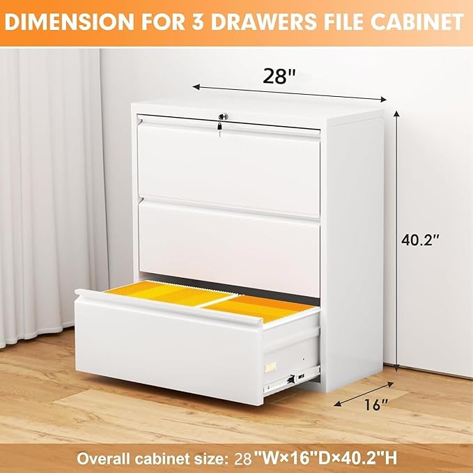 INTERGREAT 3-Drawer White File Cabinet, Locking Metal Lateral Filing Cabinets, 28W Horizontal Storage Cabinet with Adjustable Shelves for Home & Office