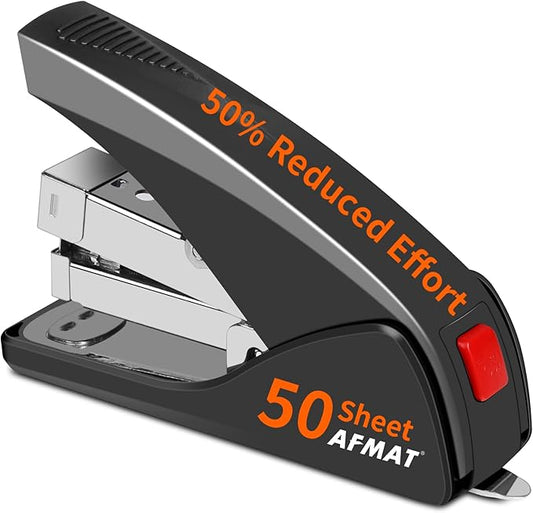 AFMAT ES10 Stapler for Desk, 50 Sheet Effortless Desktop Stapler Staple with One Finger, Portable Ergonomic Handheld Staplers Heavy Duty, Built-in Remover, Space Save Size, Good for Home & Office