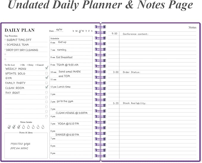 Daily Planner Undated - B5 To Do List Notebook Hourly Schedules, Spiral Appointment Planner for Women and Men, PVC Hardcover, Inner Pocket, Elastic Closure, 7" x 10", Purple