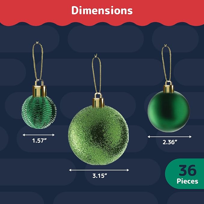 Prextex 36-Pieces Green Christmas Ornaments Set - Shatterproof, Festive Christmas Tree Balls Decorations in 3 Sizes and 6 Styles with Hanging Loops for Tree, Wreath, and Dazzling Holiday Party Decor