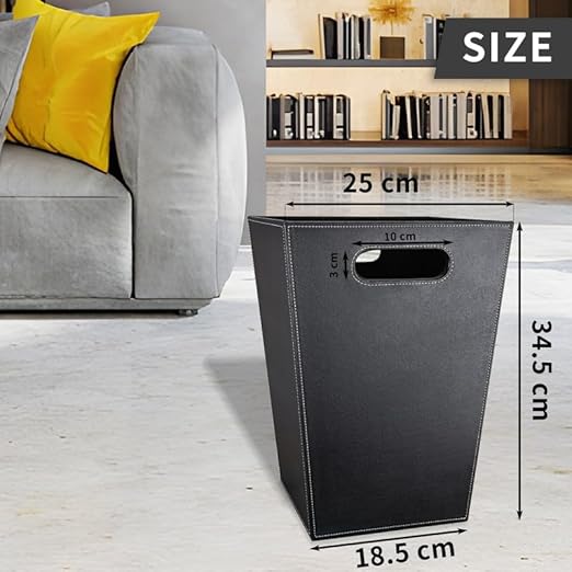 Pu Leather Trash Can for Bedroom, 16L/4.2 Gallon Office Wastebasket with Handles for Near Desk, Black Bathroom Garbage Cans for Home Decorative, Square Waste Basket Bin for Dorm Easy to Clean