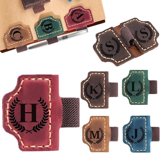 Custom Bookmark with Pen Holder with 26 Letters Personalized Magnetic Leather Book Mark, Customized Name Book Marker Clip with Initial for Men Women, Gifts for Book Lovers, Readers, (Red, H)