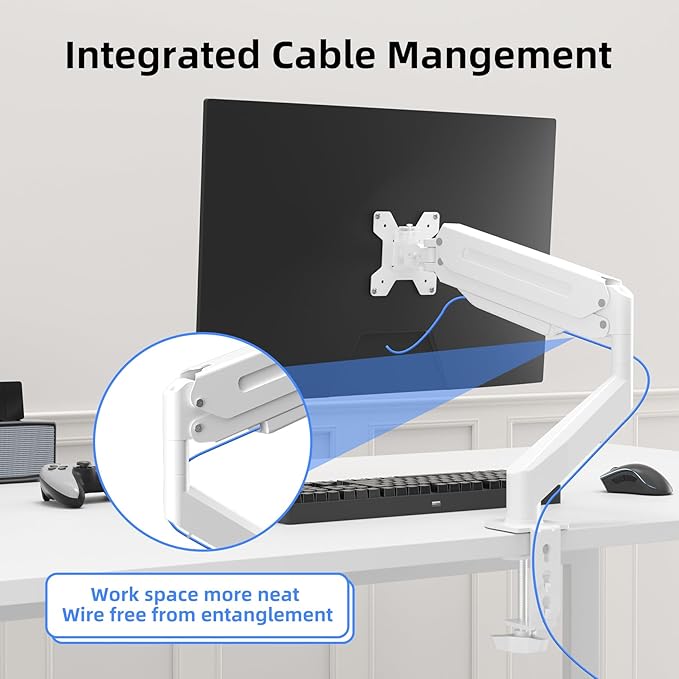 Suptek Single Monitor Mount Adjustable Gas Spring Monitor Arm Desk Mount Stand Fits 17 20 22 23 24 26 27 32 33 inch Monitors,Holds up to 22 lbs,White(MD18W)