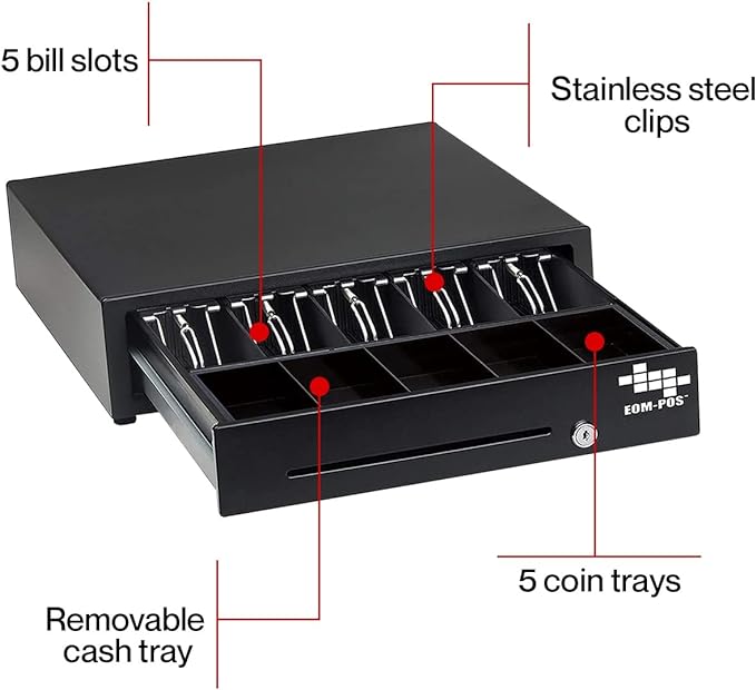 Cash Register Money Drawer + Mounting Brackets for Under Counter Installation. Built in Cable to Connect to Printer. Compatible with Square [Receipt Printer Required](Printer Driven)