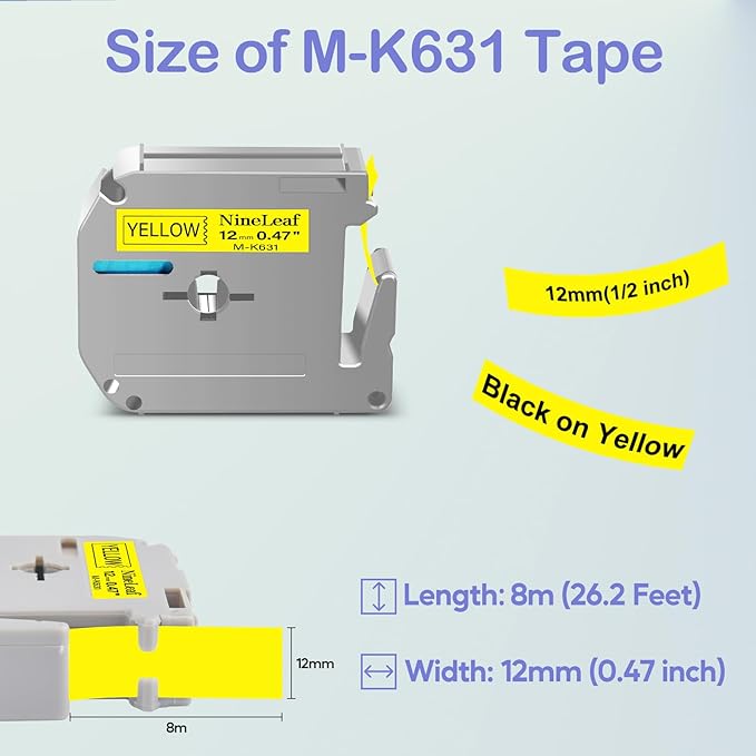 NineLeaf 4 Pack Compatible for Brother P-Touch M Tape M-K631 M-K631S MK631 M631 12mm 0.47'' Black on Yellow Label Tape for PT-70BBVP PT-70BMH PT-70HK PT-70HOL PT-70HOT Label Maker